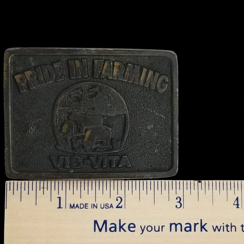 Pride in Farming VIS-Vita Belt Buckle Vintage Brass Farm‎ Animal Country Western